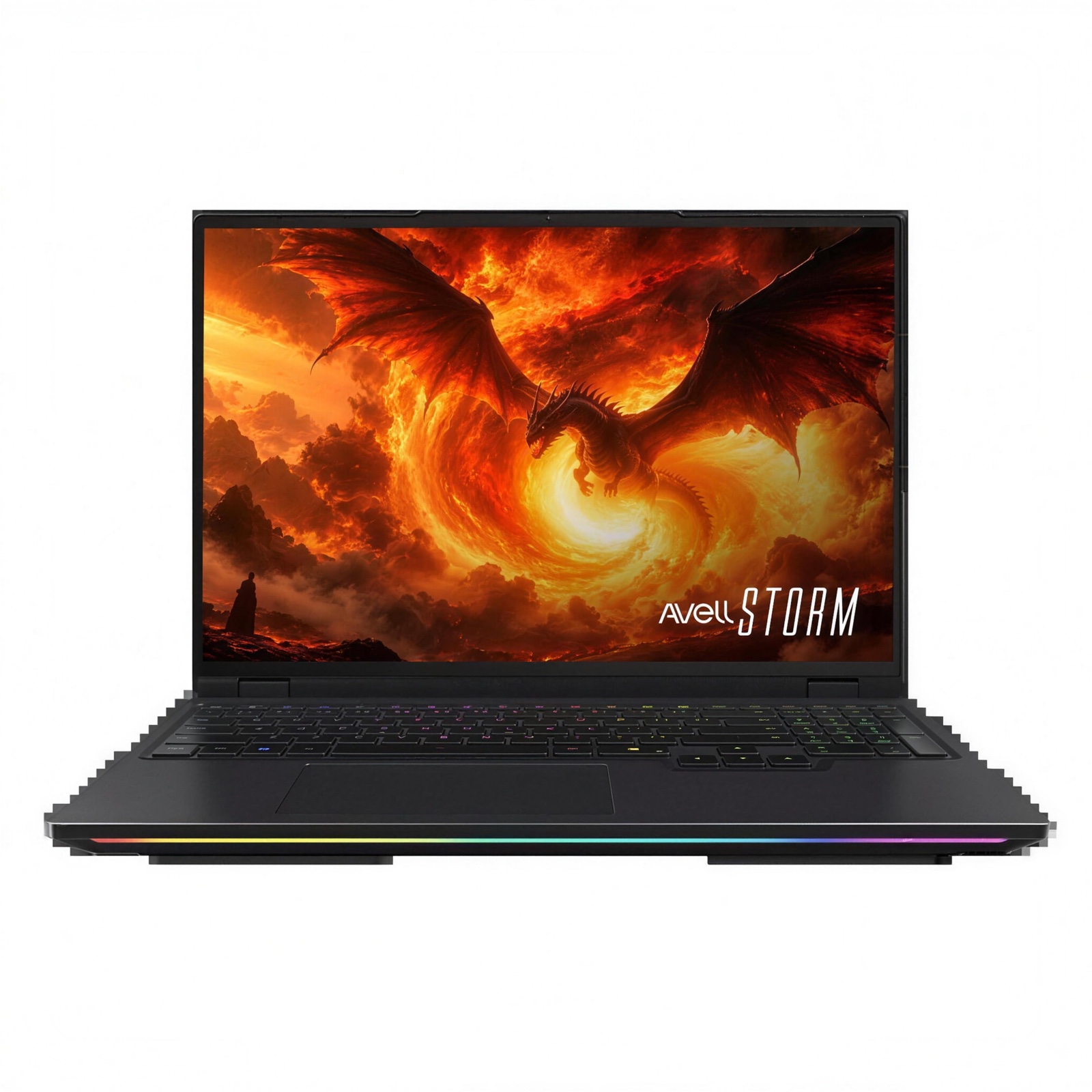 Notebook Avell Storm aberto de frente, com arte de dragão na tela