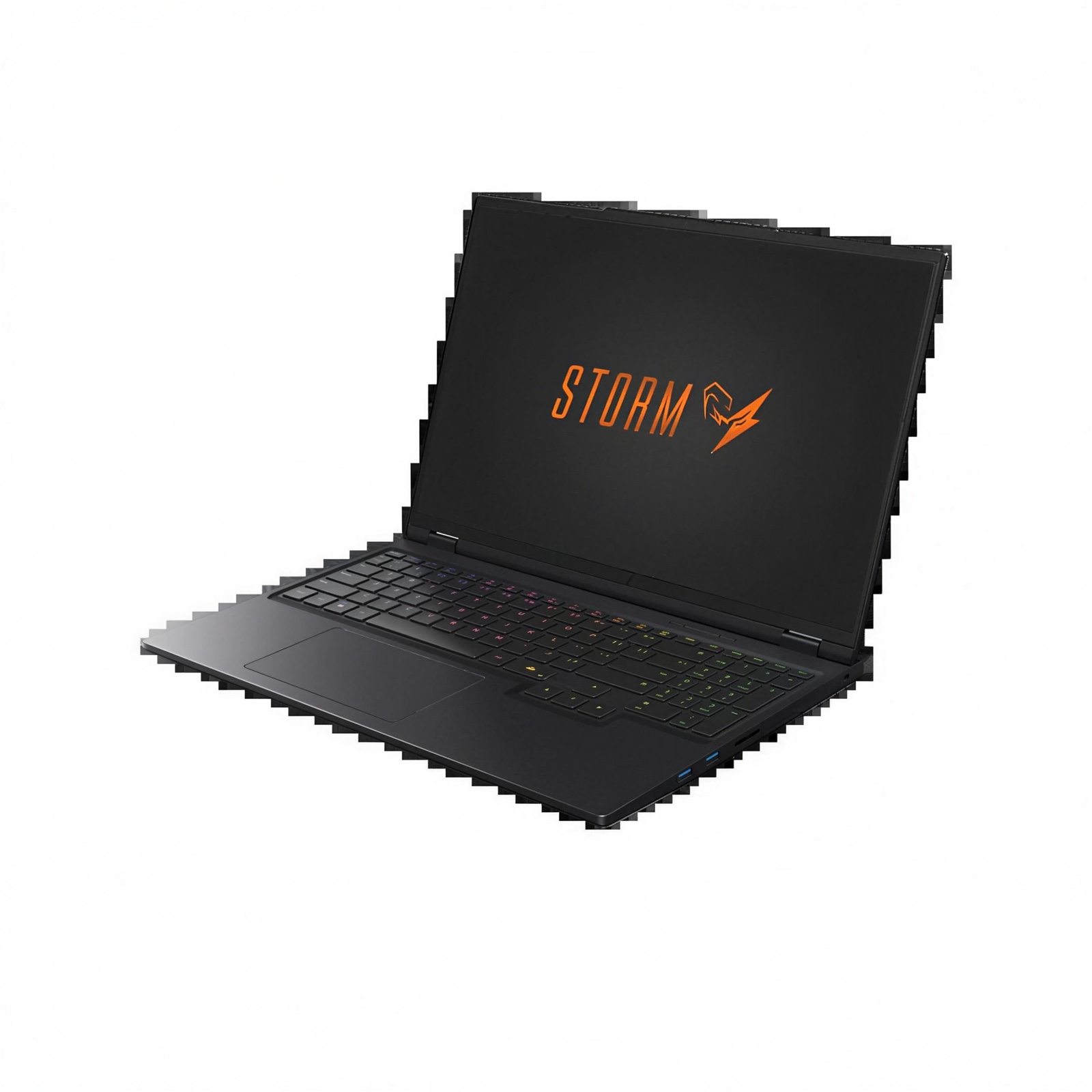 Notebook Avell Storm em vista de três quartos, teclado iluminado